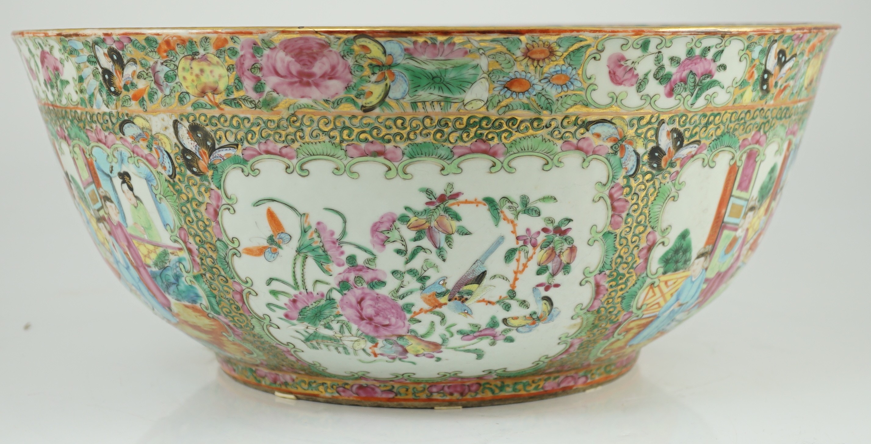 A large Chinese Canton (Guangzhou) decorated famille rose bowl, c.1830-50, 39.2cm diameter